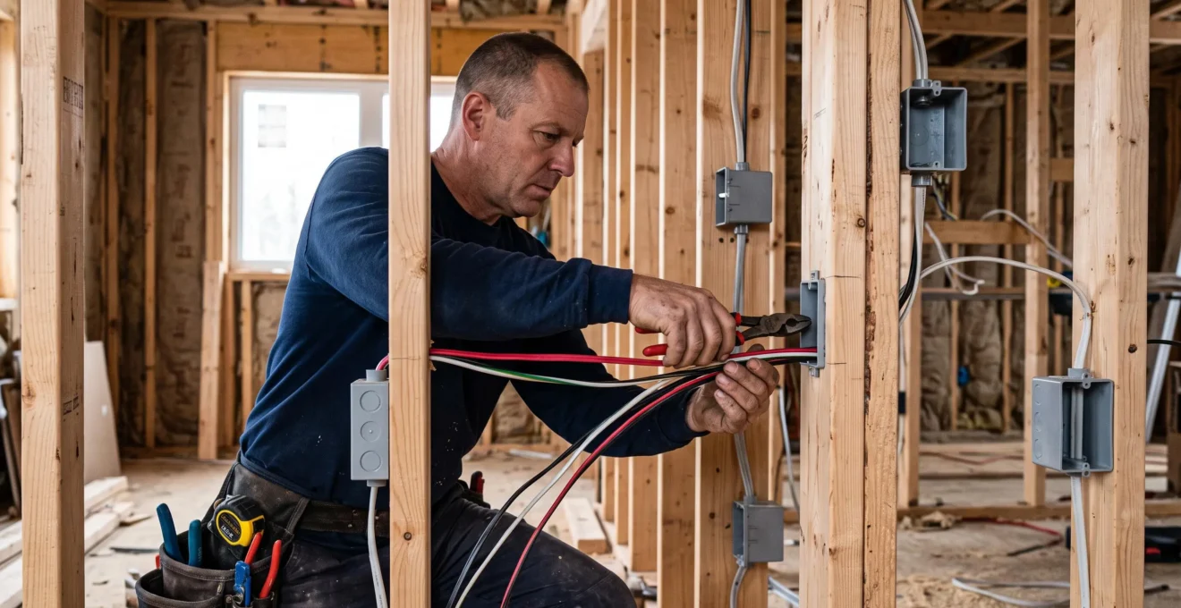 Électricien installant le câblage électrique dans les montants de bois d'une construction résidentielle non terminée