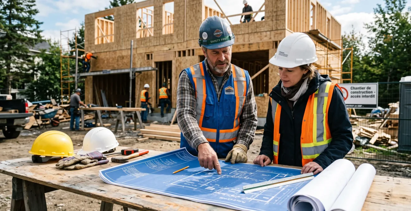 Entrepreneur général et client consultant des plans de construction sur un chantier résidentiel au Québec