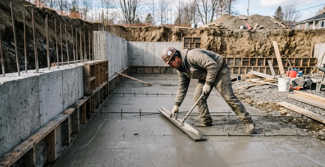 Travailleur de la construction effectuant la finition du béton sur les fondations d'une nouvelle construction résidentielle
