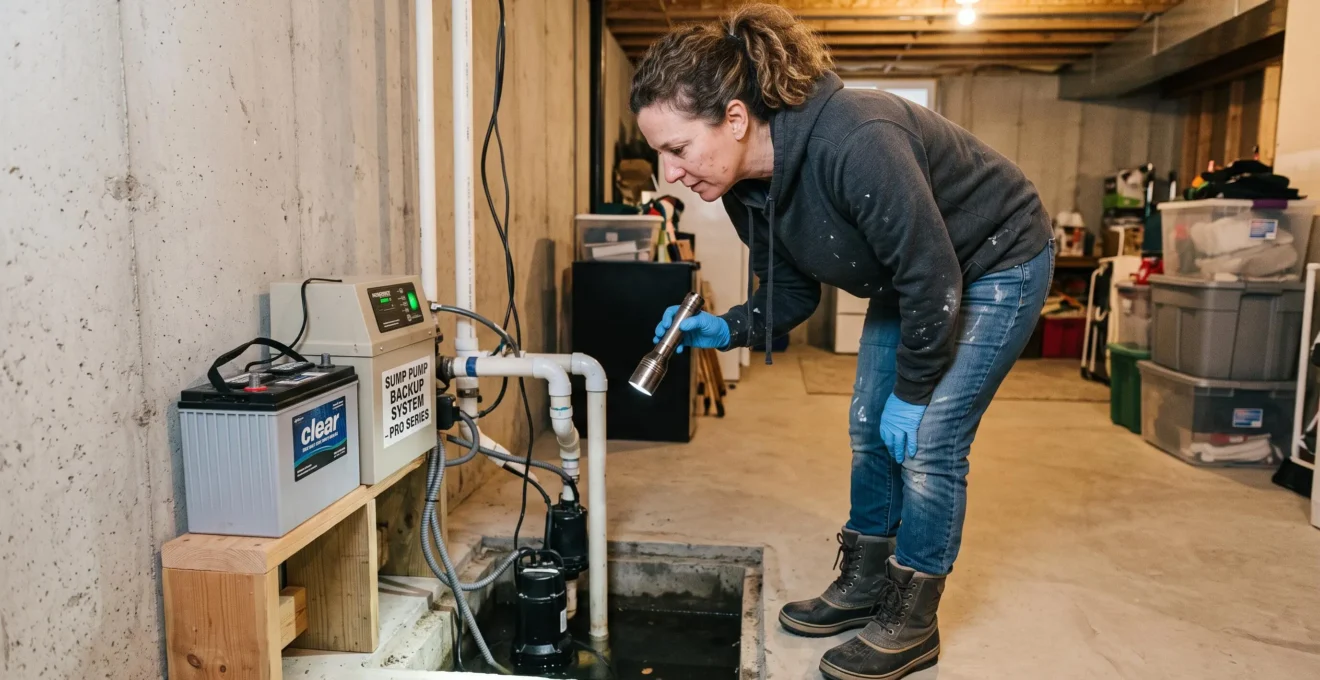 Propriétaire effectuant l'inspection d'entretien d'un système de pompe de puisard avec batterie de secours