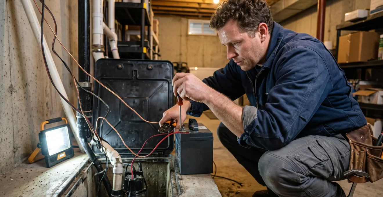 Plombier professionnel installant une batterie de secours pour pompe de puisard dans un sous-sol résidentiel