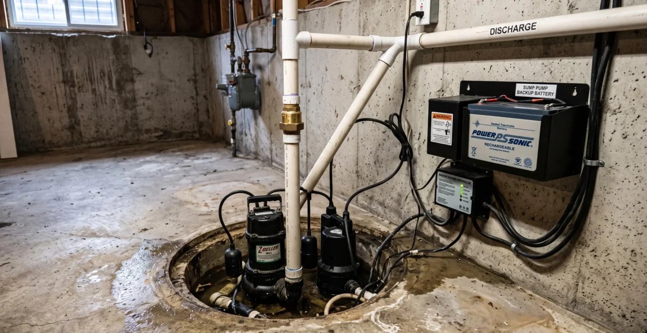 Système complet de pompe de puisard avec batterie de secours installé dans un puisard de sous-sol résidentiel