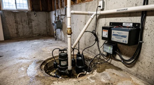 Système complet de pompe de puisard avec batterie de secours installé dans un puisard de sous-sol résidentiel