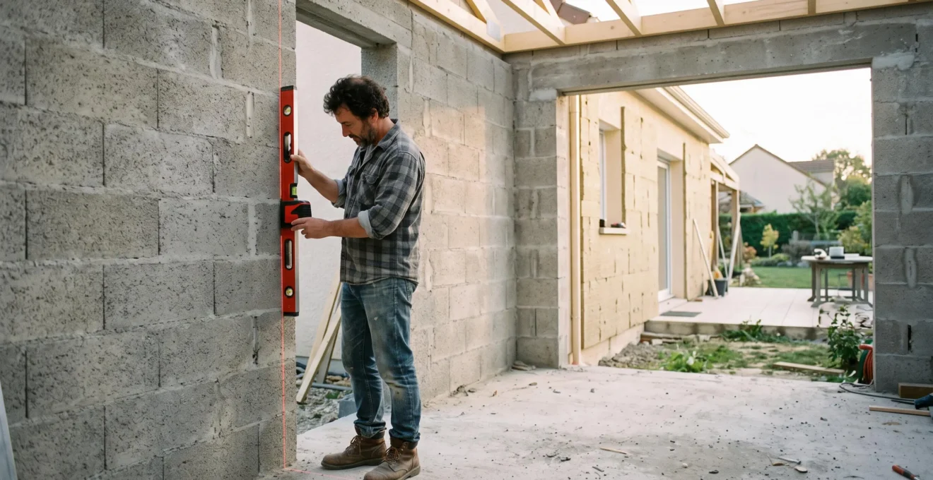 Un propriétaire contrôle l'alignement d'une ouverture avec un niveau laser dans la coque d'une extension de plain-pied en cours de construction.