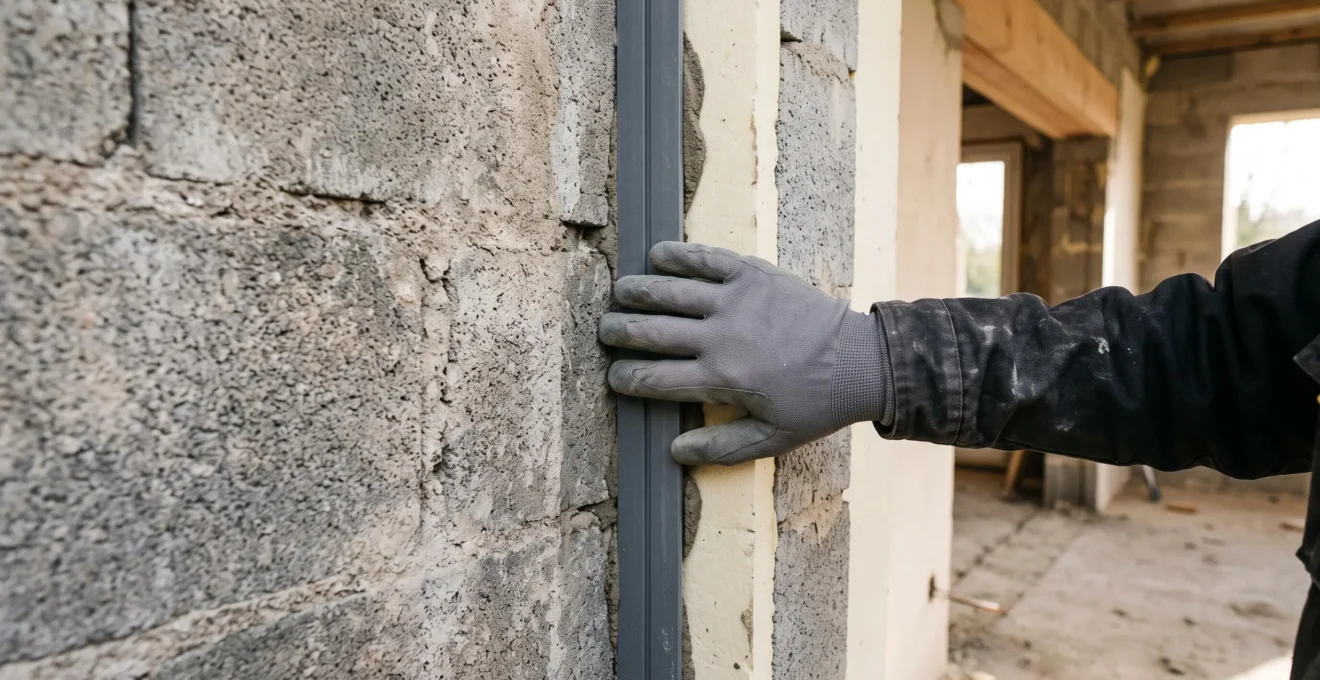 Gros plan sur la main d'un artisan posant un rupteur de pont thermique à la jonction entre le mur existant et le mur de l'extension.